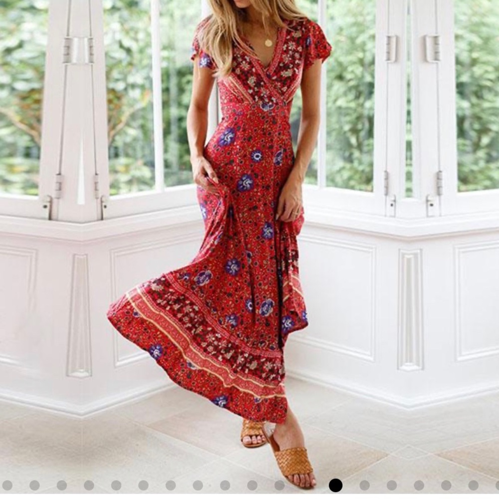 Red Bohemian Maxi Wrap Dress